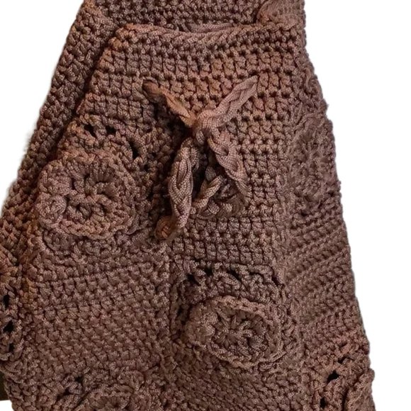 Hand Crocheted Chocolate Brown Backpack Flowers and Braided Straps - Picture 3 of 5